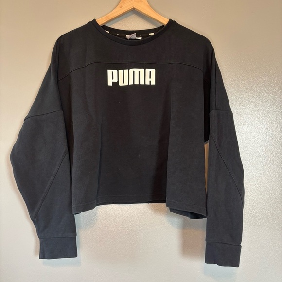 Puma Large Cropped Crew Neck Printed Sweatshirt Black - Picture 3 of 4